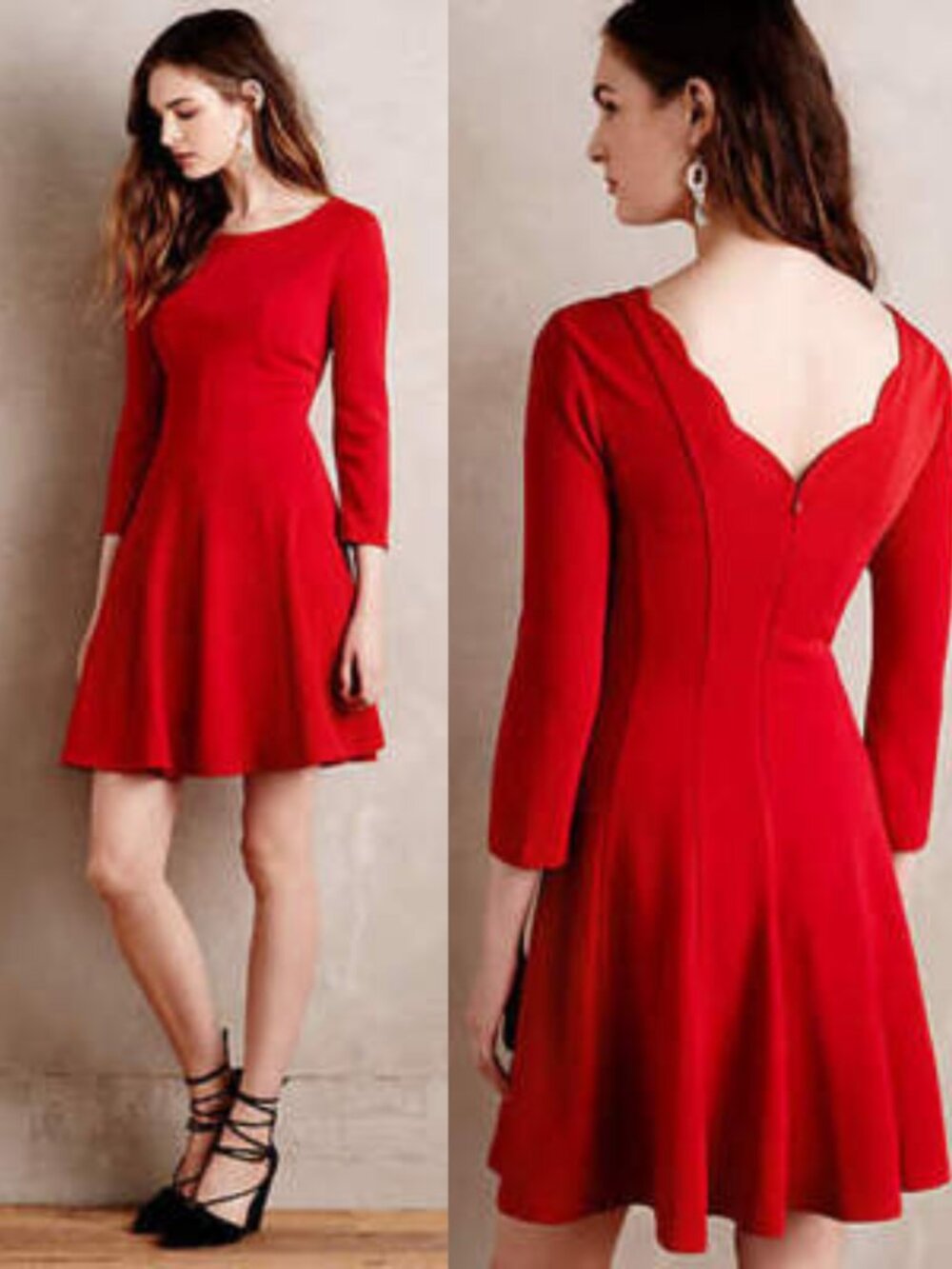 Sunday in Brooklyn Red Fit & Flare Dress Size S Petite Long Sleeve V-Back Mini
